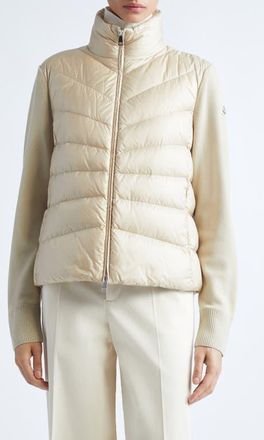 Moncler Wool Knit & Down Cardigan in Golden Sand at Nordstrom, Size Xx-Large