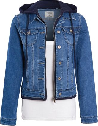 SS7 Womens Jersey Hood Denim Jacket Mid Blue