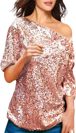 Generic Off Shoulder Glitter Tops For Women Uk, Ladies Sparkly Tops, Casual Cold Shoulder T-Shirt, Classic Versatile Short Sleeve Blouses Baggy Sequined Shirt