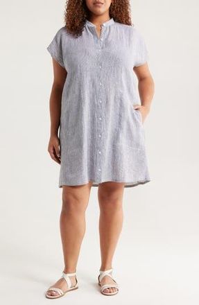 Eileen Fisher Band Collar Stripe Organic Linen Shirtdress in Ink at Nordstrom Rack, Size 2X