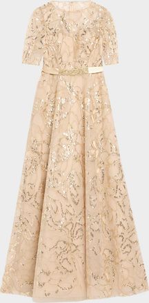 Teri Jon Sequined Floral Tulle Gown
