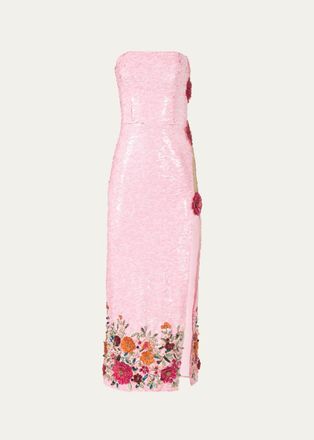 Costarellos Harlee Strapless Flower Sequined Slit Midi Dress