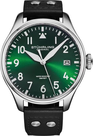 St&uuml;hrling Mens Airman 4078 Quartz Mens 43mm Pilot Watch - Green Stainless Steel - One Size