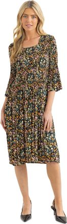 Klass Three Quarter Sleeve Meadow Print Pleated Dress - Black/Orange - M