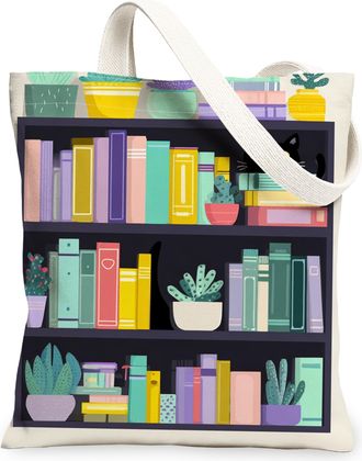 Generic Bookshelf Canvas Tote Bags, Colorful Plant Pattern Reusable Grocery Bags, Vintage Artistic Lightweight Washable Shoulder St, Beige, 13x15 Inch