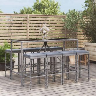 vidaXL Vidaxl - Mesa Y Taburetes Altos Jard&iacute;n 9 Pzas Y Cojines Rat&aacute;n Pe Gris