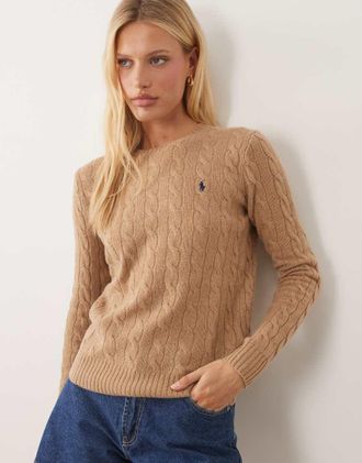 Polo Ralph Lauren Maglione lavorato a trecce in cotone color cammello con logo-Marrone