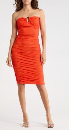 Madden Girl Strapless Ruched Mesh Body-Con Dress in Tomato at Nordstrom Rack, Size X-Large