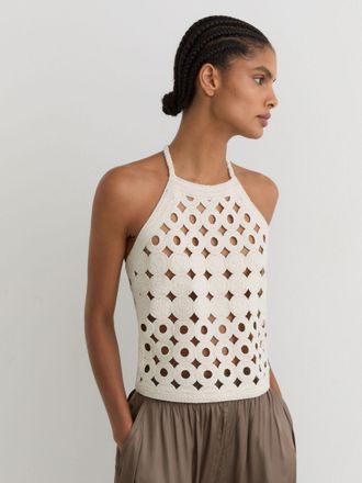 Reiss White Cotton Cut-out Knitted Halterneck Top, XL