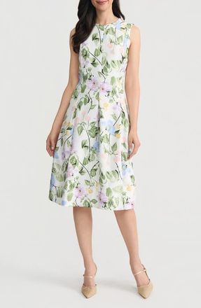 Kasper Pleated Princess Seam Sleeveless Fit & Flare Dress in Lily White Multi at Nordstrom, Size 12