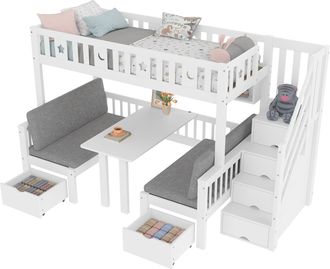 STILVORA Cama Alta Cama Individual Con Escritorio Plegable, Escalera Con Almacenaje Y Barandillas, 90&times;200 Cm, Sin Colch&oacute;n