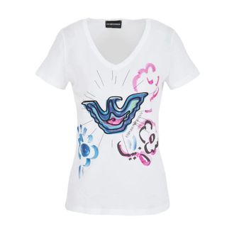 Emporio Armani Tops, Dames, Wit, M, Katoen, T-shirt met V-hals en grafische print