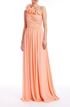 Badgley Mischka Frill Pleated One-Shoulder Gown in Coral at Nordstrom, Size 14