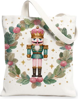 Generic Nutcracker Floral Canvas Tote Bag, Holiday Vintage Design Reusable Grocery Bags, Lightweight Washable Shoulder Strap Canvas Bags for Travel Beach Picn