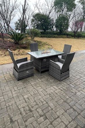 Fimous Rattan Gas Fire Pit Oblong Dining Table Gas Heater Adjustable Chair & Table Set 4 Seat in Dark Grey