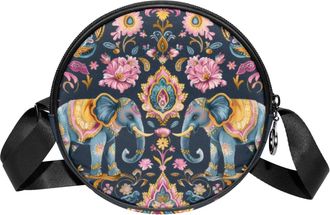 Generic Circle Crossbody Bag for Women, Indian Elephant Small Sling Bag Daypack with Zipper Adjustable Shoulder Straps Casual Ladies Girls Round Purse