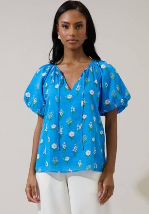Sugarlips Jazleen Floral Overseas Balloon Sleeve Top In Blue White Green