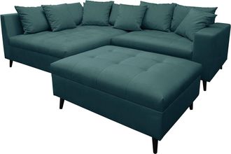 Mørteens home24 Fredriks Ecksofa Pruno I Antikgrün Flachgewebe 220x90x183 cm mit Hocker