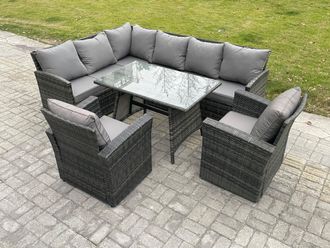 Fimous Rattan Garden Furniture Corner Sofa Set with Oblong Dining Table 2 Armchairs 8 Seater Outdoor Rattan Set in Dark Grey