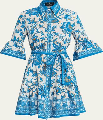 Etro Floral Cotton Ruffle Belted Mini Shirtdress