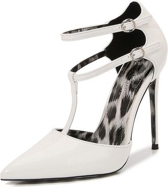 Generic White,5.5 UK,Womens Pumps Ankle Strap High Heels Double T-Strap Buckle Sandals Cutout PU Leather Wedding Party Prom Dress Shoes