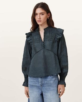 AllSaints Womens Ramie Heather Lace Trim Top, Size: UK 14/US 10