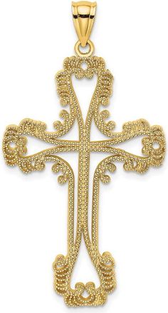 Diamond2Deal 14k Yellow Gold Beaded Cut-Out Cross w/ Swirled Design Charm Pendant