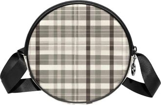 Generic Circle Crossbody Bag for Women, White Retro Plaid Small Sling Bag Daypack with Zipper Adjustable Shoulder Straps Casual Ladies Girls Round Purse