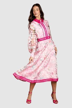 Coast Contrast Collar Lace Trim Midi Dress in Pink at Nordstrom, Size 10
