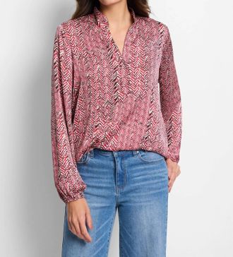 Nic+Zoe Herringbone Stamp Top In Red Multi