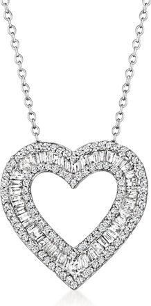 Ross-Simons Baguette and Round Diamond Open-Space Heart Pendant Necklace in Sterling Silver