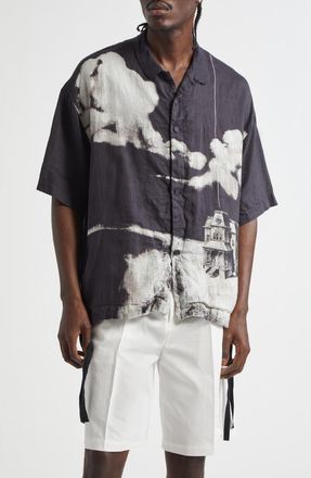 Undercover Oversize Short Sleeve Linen Button-Up Shirt in Black Base at Nordstrom, Size 2