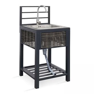 Oviala Mueble fregadero de cocina exterior de aluminio y rat&aacute;n sint&eacute;tico