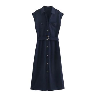 Generic Womens Casual Wear Flip Collar Buckle with Belt Sleevelesss Shirt Dress Sleevelesss Loose Fit Dresses Deep Blue L