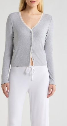 Open Edit Daydream Lace Trim Rib Button-Up Lounge Top in Grey Heather at Nordstrom, Size X-Small