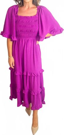 She + Sky Bell Sleeve Square Neck Smocked Tiered Midi Dress In Purple
