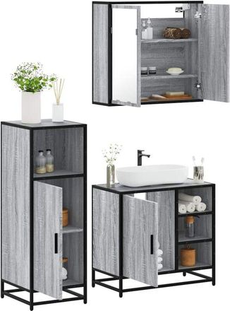 vidaXL Vidaxl - Set De Muebles De Ba&ntilde;o 3 Pzas Madera Contrachapada Gris Sonoma