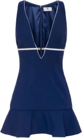 Elisabetta Franchi Mouwelloze V-hals Jurk met Volant - Dames - Korte kleedjes - Blauw - XS - Kleedjes