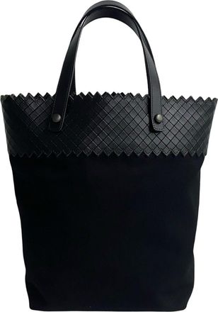 Bottega Veneta Black Leather Canvas Handbag Tote Bag (Pre-Owned)