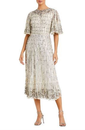 Mac Duggal Embellished Flounce Sleeve Midi Dress in Nude Silver at Nordstrom, Size 14