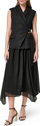 DKNY Mixed Media Belted Handkerchief Hem Midi Dress in Black at Nordstrom, Size 12