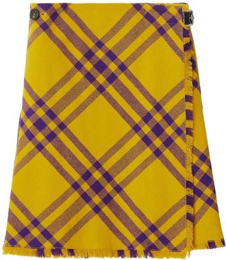 Burberry check-pattern frayed kilt - women - Leather/Wool - 6 - Yellow