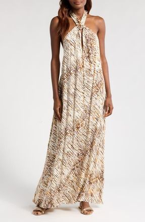 Elan Stripe Cover-Up Halter Maxi Dress in Neutral Sahara at Nordstrom, Size Large