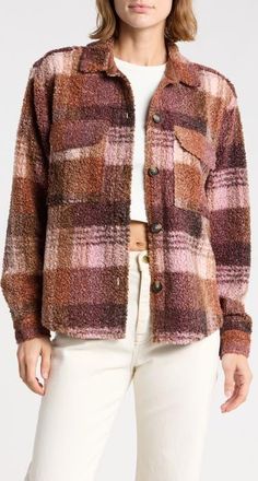 Beach Lunch Lounge Tory Boxy Crop Plaid Shacket in Rustic Blush at Nordstrom, Size X-Small