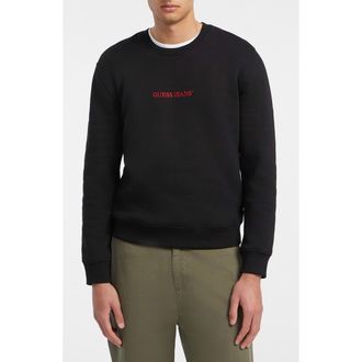 Guess Logo Embroidered Crewneck Sweatshirt in Jblack-Black at Nordstrom, Size Xx-Large
