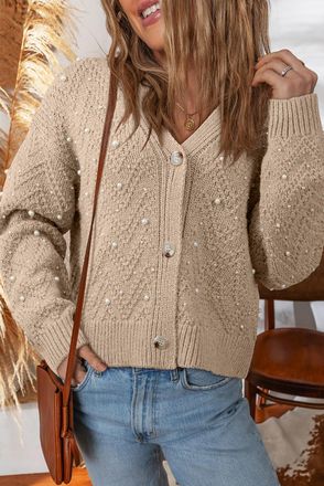 Azura Exchange Womens Pearl Embellished Knit Cardigan - Tan - Size Small