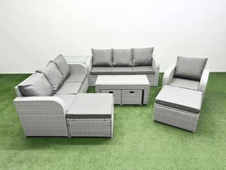 Fimous PE Rattan 3 Seater Sofa Reclining Chair Set with Footstool Side Table in Light Grey