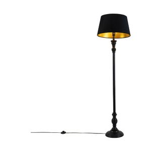 QAZQA Cl&aacute;sico/antiguo L&aacute;mpara De Pie Con Pantalla De 45 Cm Negra Con Interior Dorado - Classico Madera /acero /textil Alargada Adecuado Para Led Max. 1 X 25