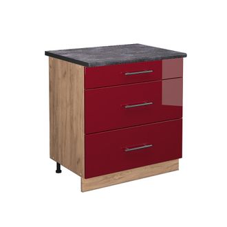 Vicco Mueble Bajo De Cocina Fame-line, Rojo Burdeos Alto Brillo, 80 Cm Con 3 Cajones, Et Antracita