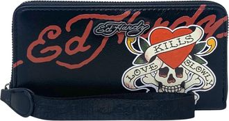 Ed Hardy Womens Zip Around Wallet with Wrist Strap, Black W/ Skull and Heart, Classic